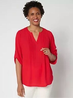 Joan Rivers Women's Georgette Red Split V-Neck Pintuck Blouse( size;Large; NWOT